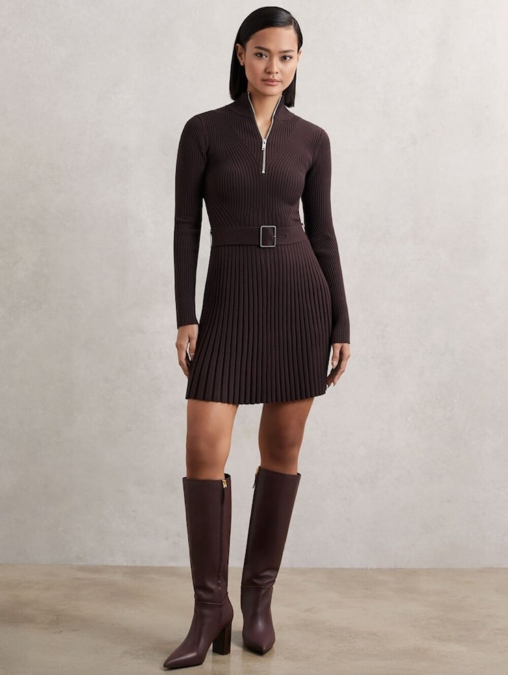 Reiss Vienna Rib-Knit Belted Half-Zip Flippy Dress Plum Purple Medium